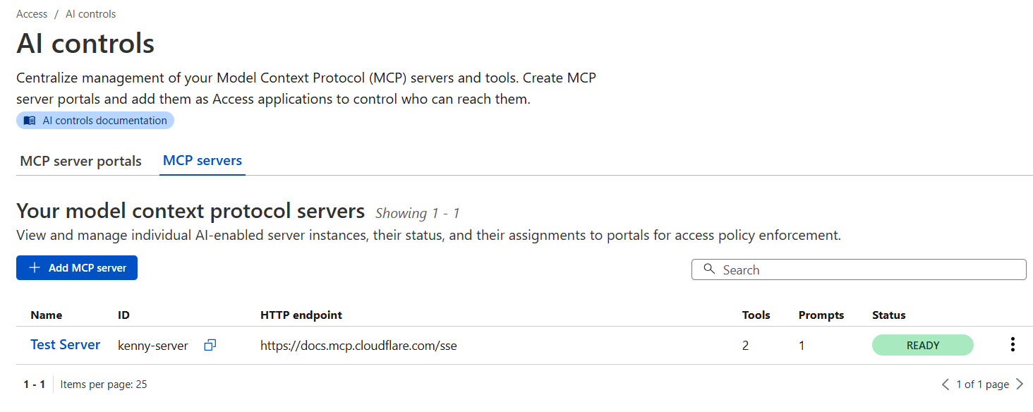 Интерфейс портала сервера Cloudflare MCP для централизованного управления подключениями