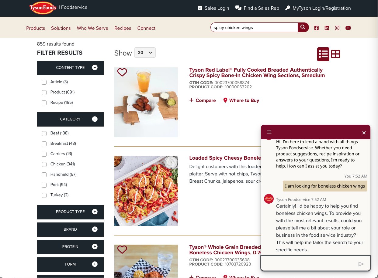 Интерфейс чат-ассистента с искусственным интеллектом Tyson FoodService