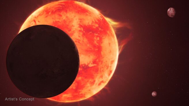 Художественное изображение экзопланеты TRAPPIST-1 d, проходящей перед своей звездой, с другими планетами на фоне