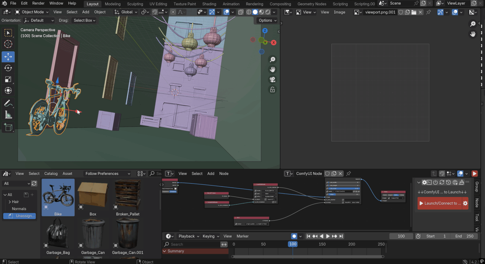 3D-сцена в программе Blender, заполненная объектами, сгенерированными искусственным интеллектом