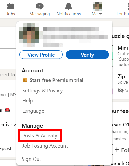 Раздел управления публикациями и активностью в LinkedIn