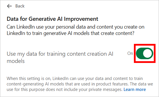 Переключатель настроек LinkedIn для моделей искусственного интеллекта