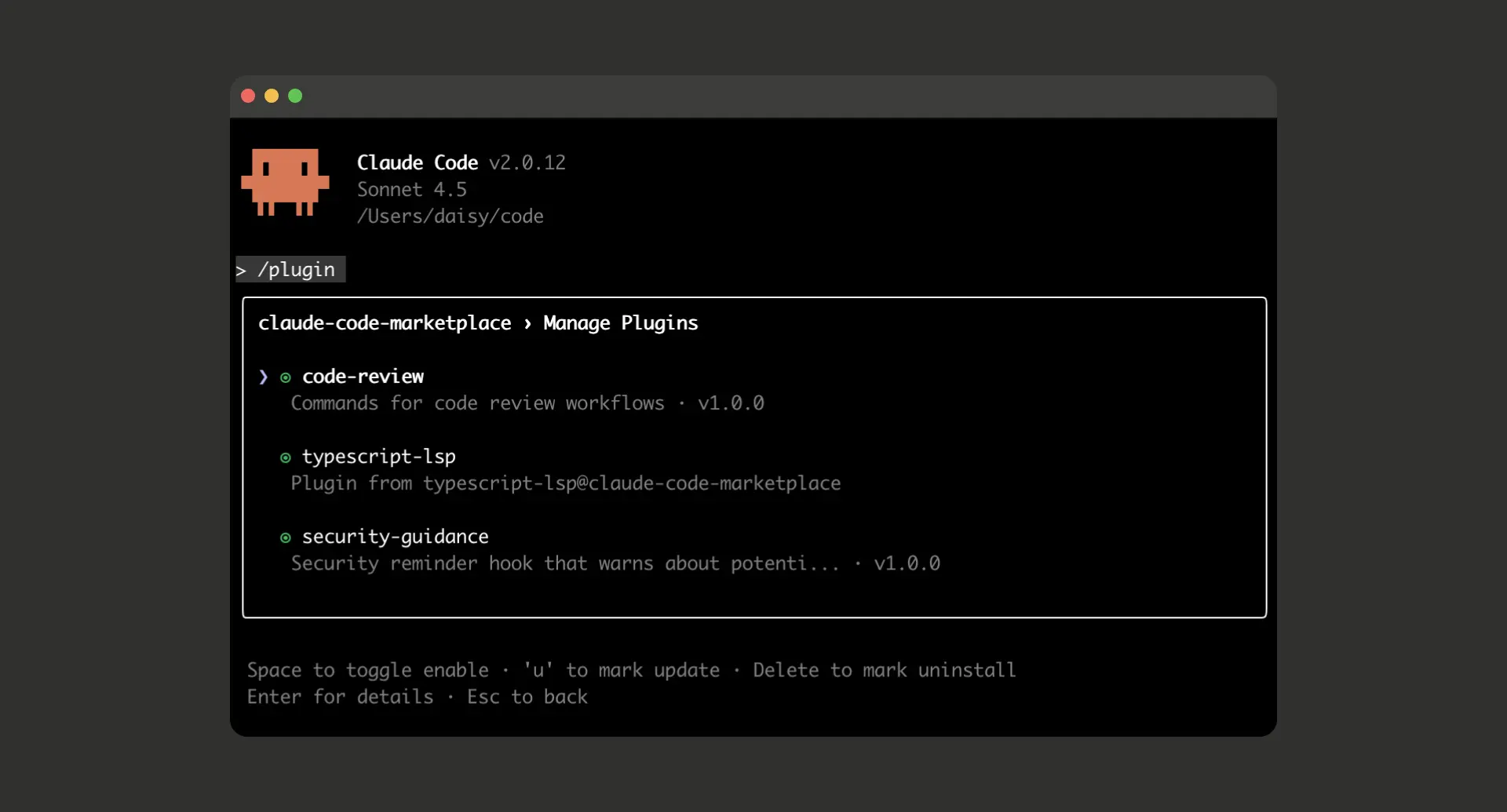 Скриншот меню плагинов Claude Code от Anthropic