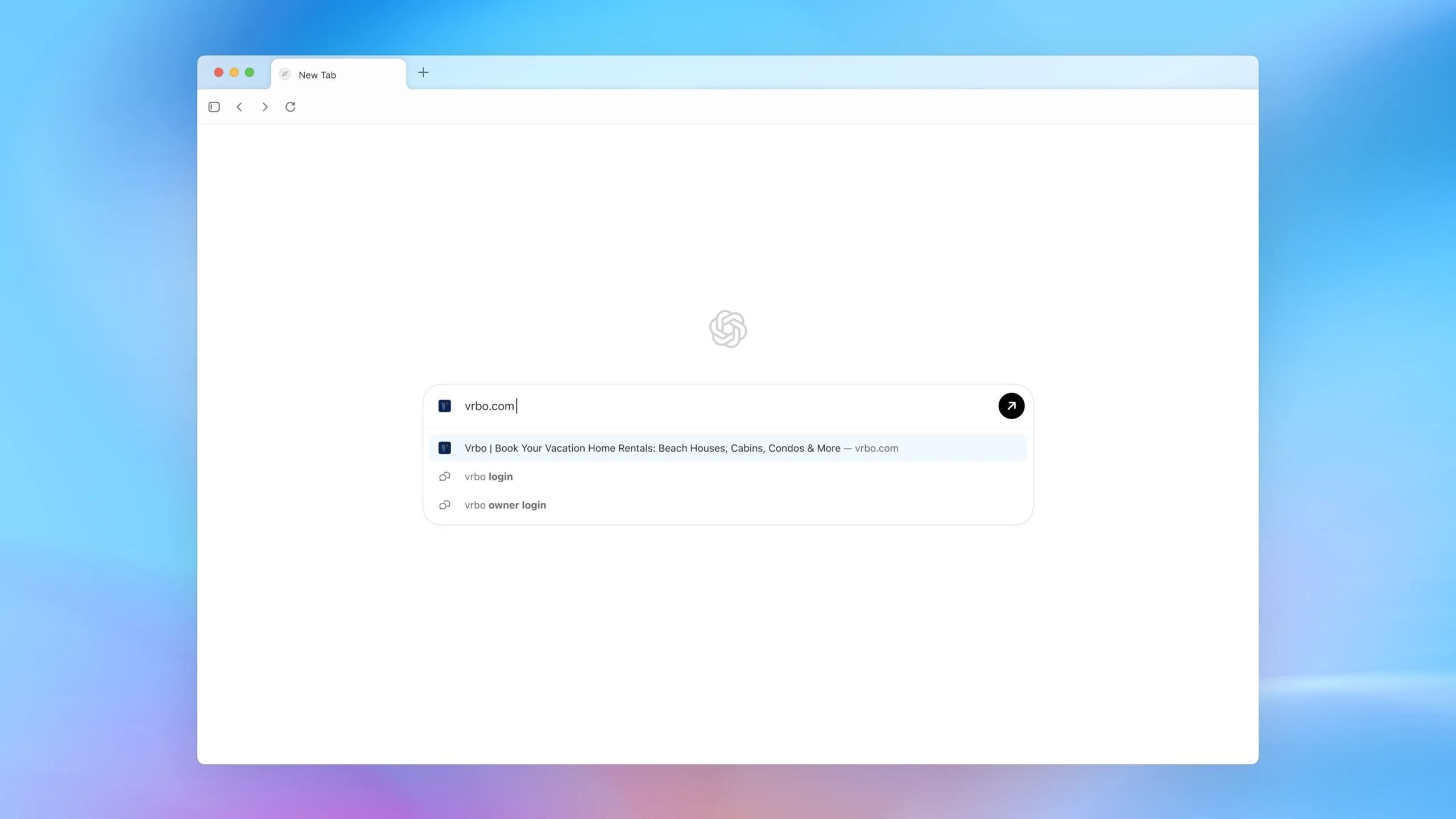 Окно браузера Atlas с домашней страницей ChatGPT, строкой поиска и автодополнением