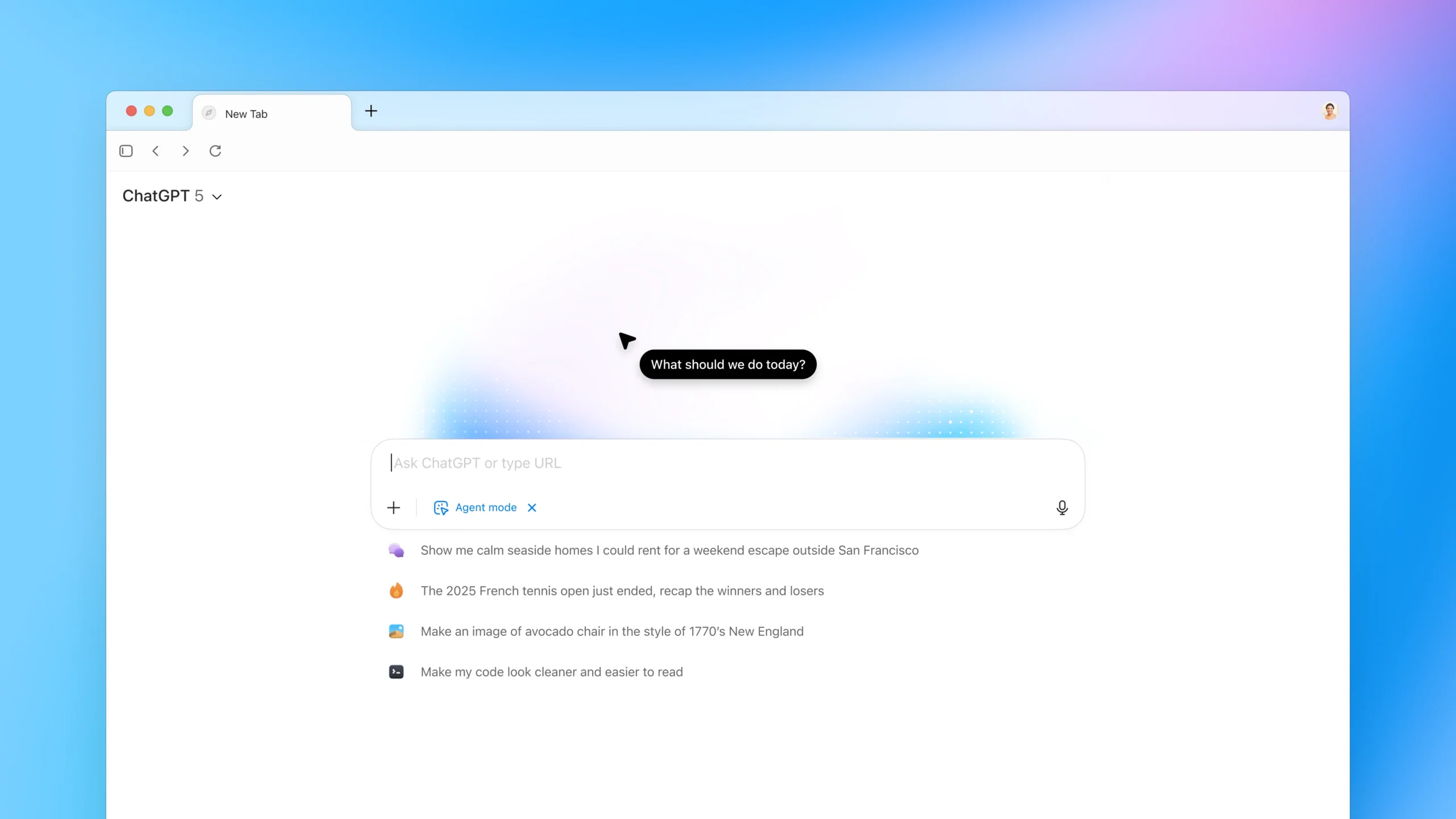 Главный экран ChatGPT Atlas с интерфейсом ввода запросов и предложенными заданиями