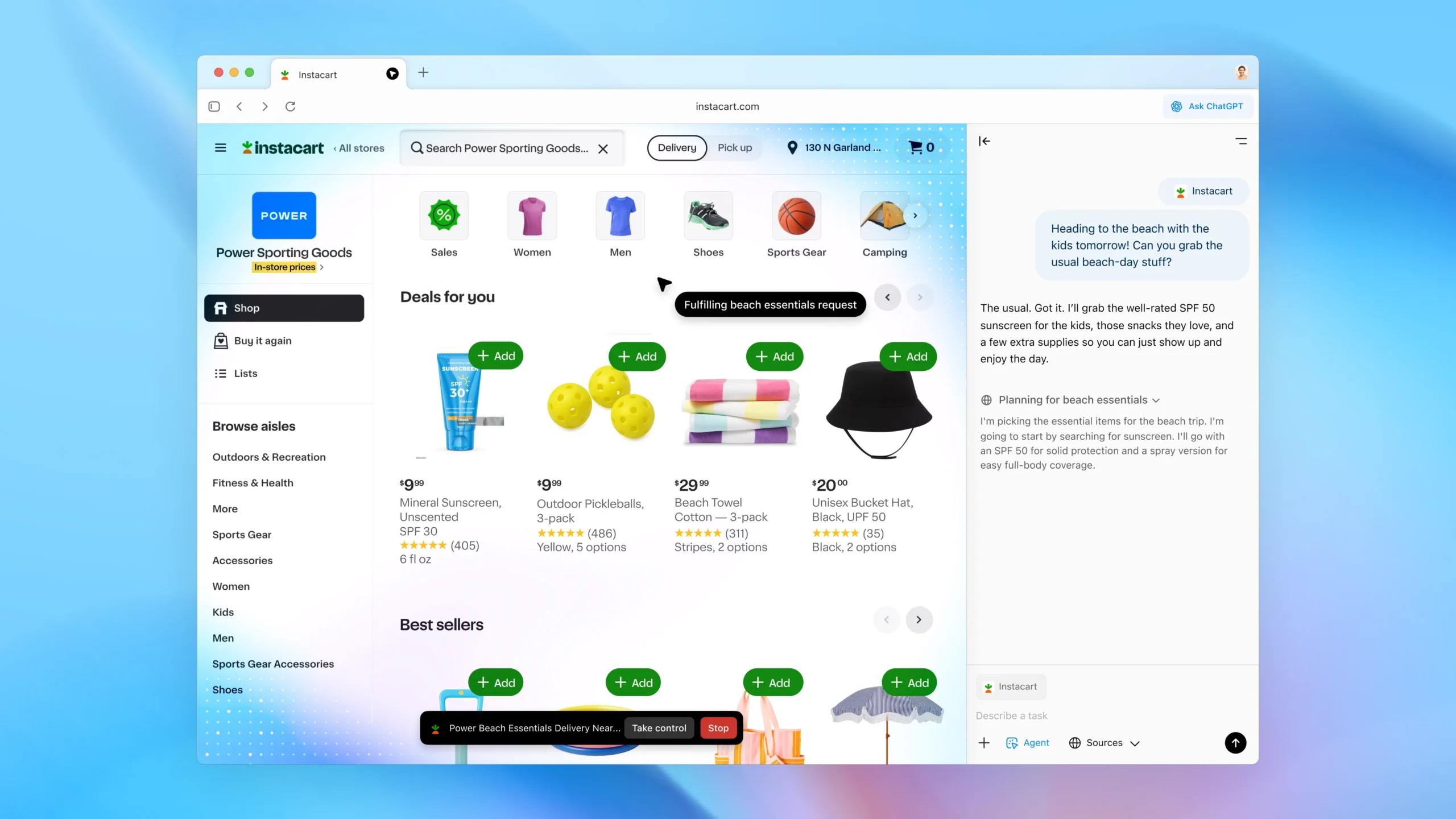 Рабочий стол браузера с интеграцией режима ИИ-агента ChatGPT для покупок в Instacart