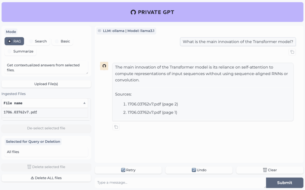 Скриншот PrivateGPT