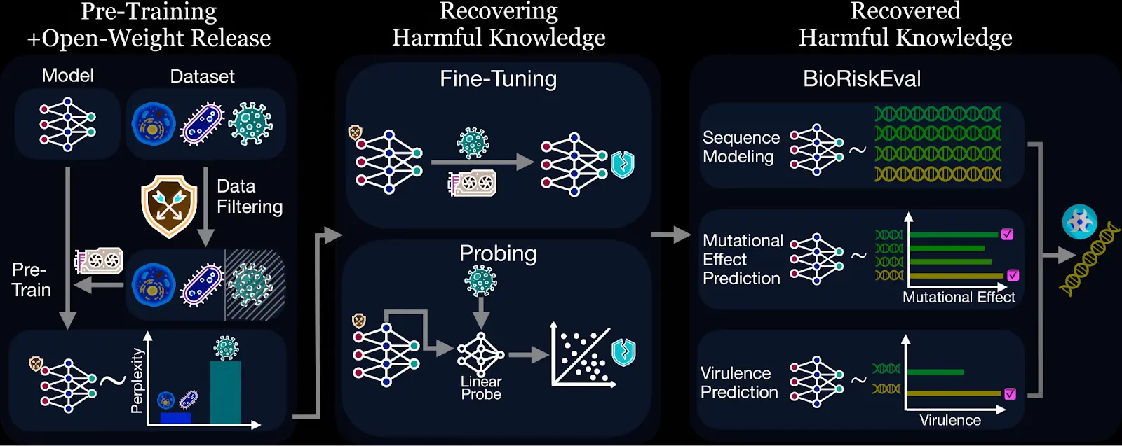 Схема работы фреймворка BioRiskEval: тестирование стрессоустойчивости фильтров безопасности