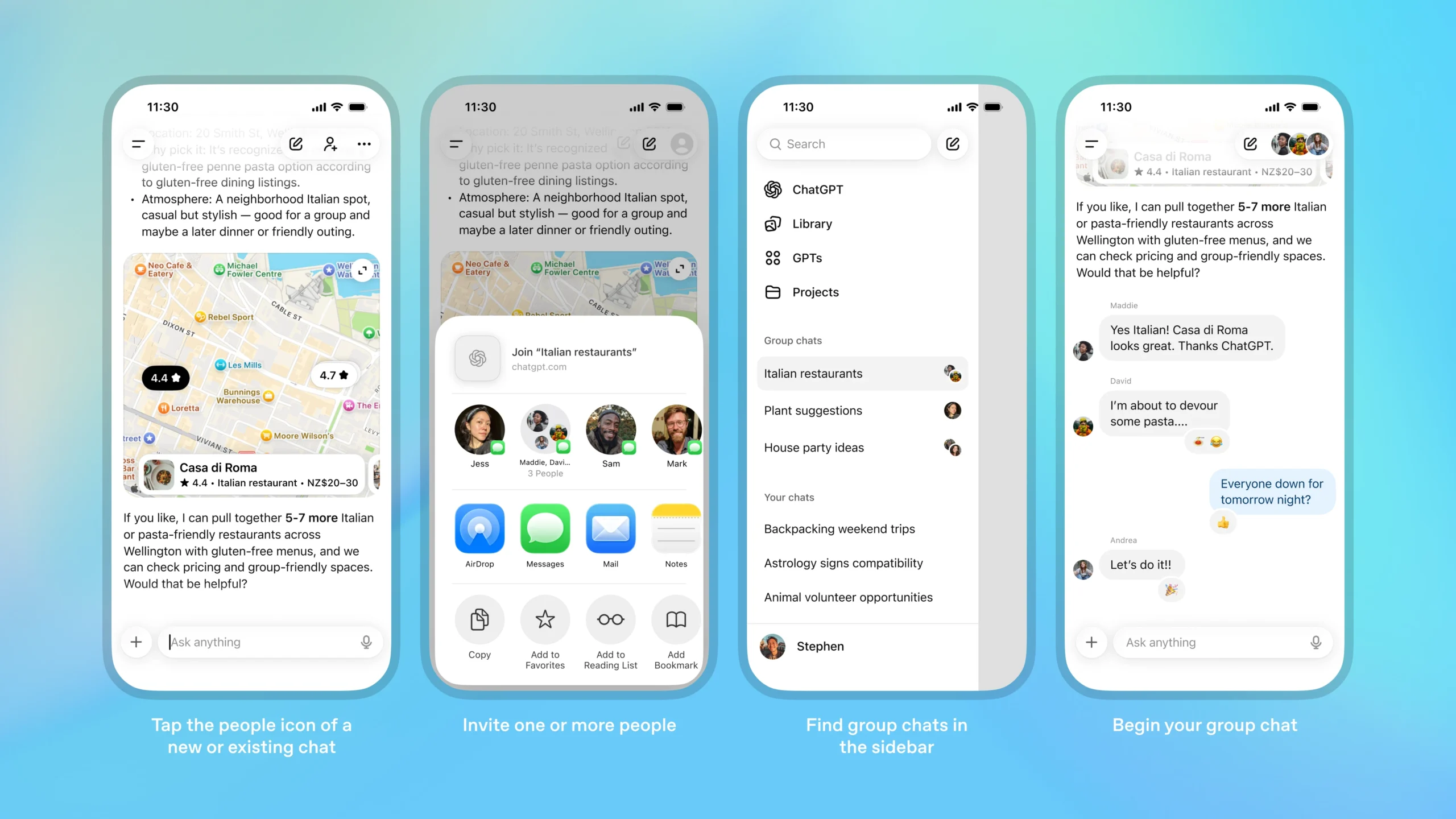 Четыре скриншота мобильных экранов с процессом создания группового чата в ChatGPT