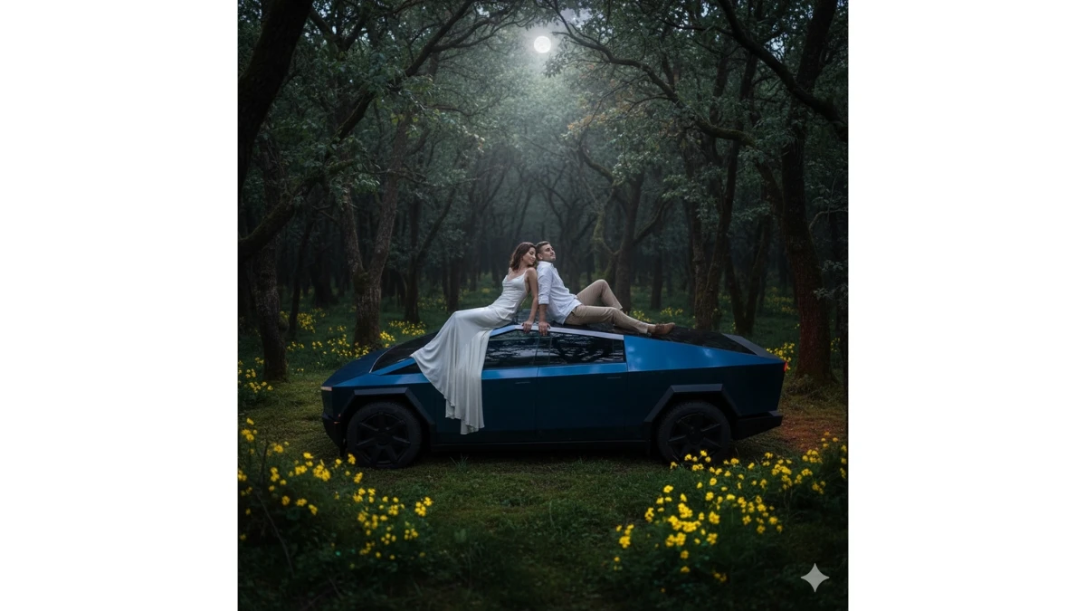 Кинематографичный кадр с дрона - пара на современном luxury автомобиле