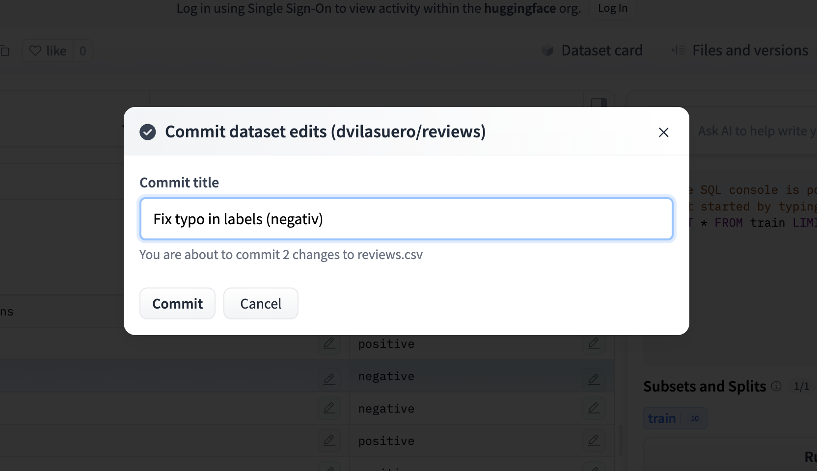 Окно диалога для ввода сообщения коммита