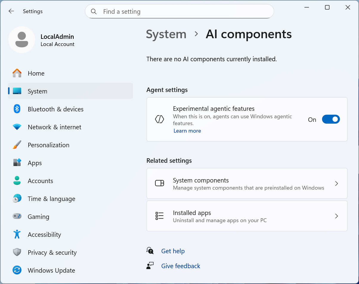 Интерфейс настроек ИИ-агента Windows 11 с переключателем экспериментальных функций