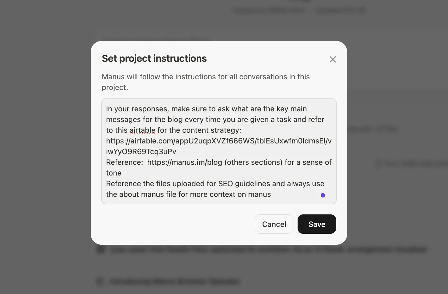 Интерфейс с инструкциями для проектов по автоматизации рабочих процессов с ИИ