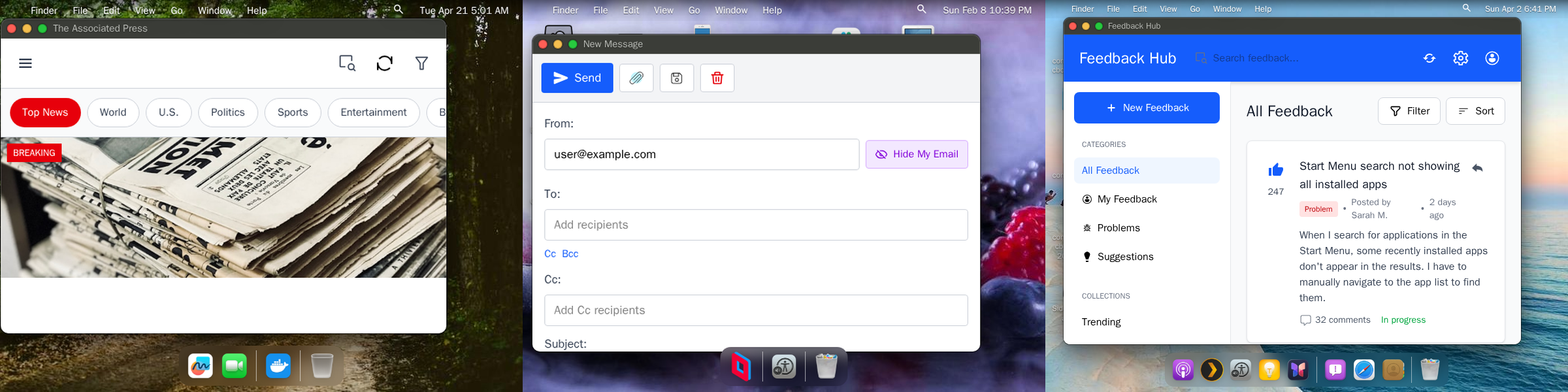 Различные интерфейсы операционной системы macOS с имитацией загромождённого рабочего стола