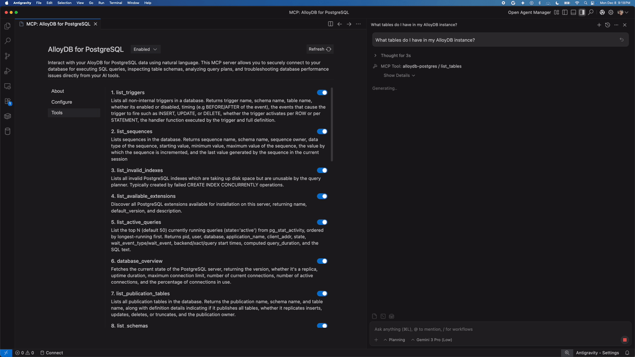 Агент Antigravity использует инструменты MCP для работы с облачными базами данных