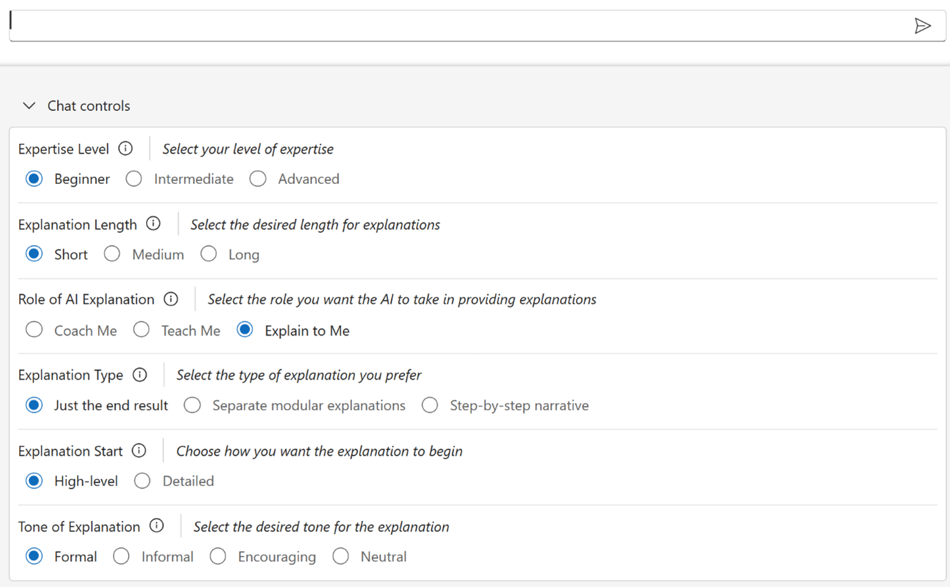 Статический интерфейс PRC с выпадающими списками и переключателями для выбора уровня экспертизы, длины объяснения, роли ИИ, типа объяснения, точки старта и тона