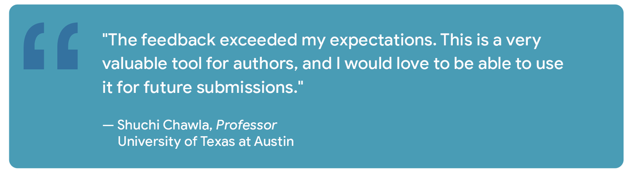 Графика с отзывом профессора Шучи Чавлы, хвалящего инструмент за ценные комментарии, превзошедшие ожидания.