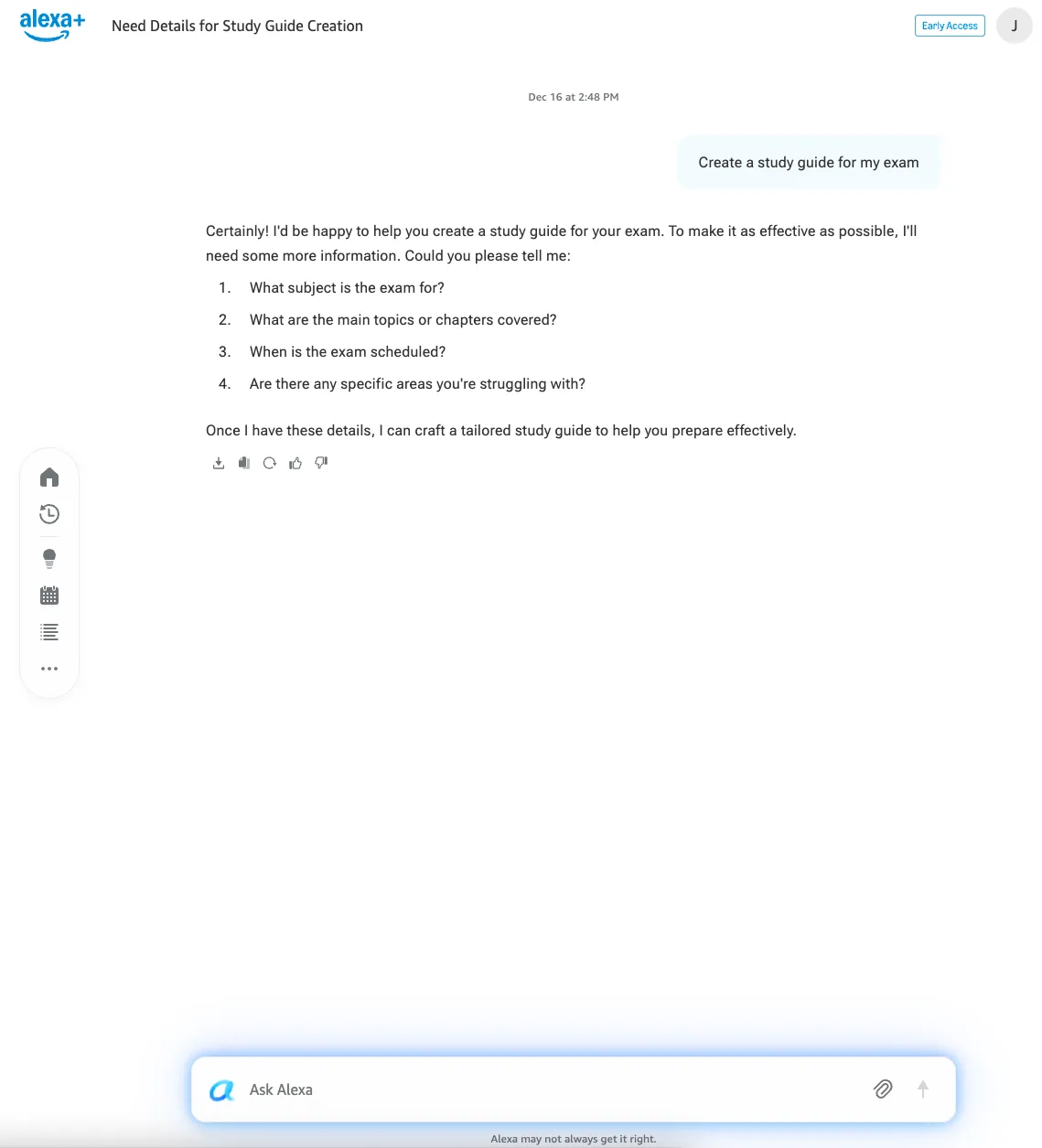 Веб-интерфейс Alexa Plus с предзаполненным чатом для создания учебного пособия