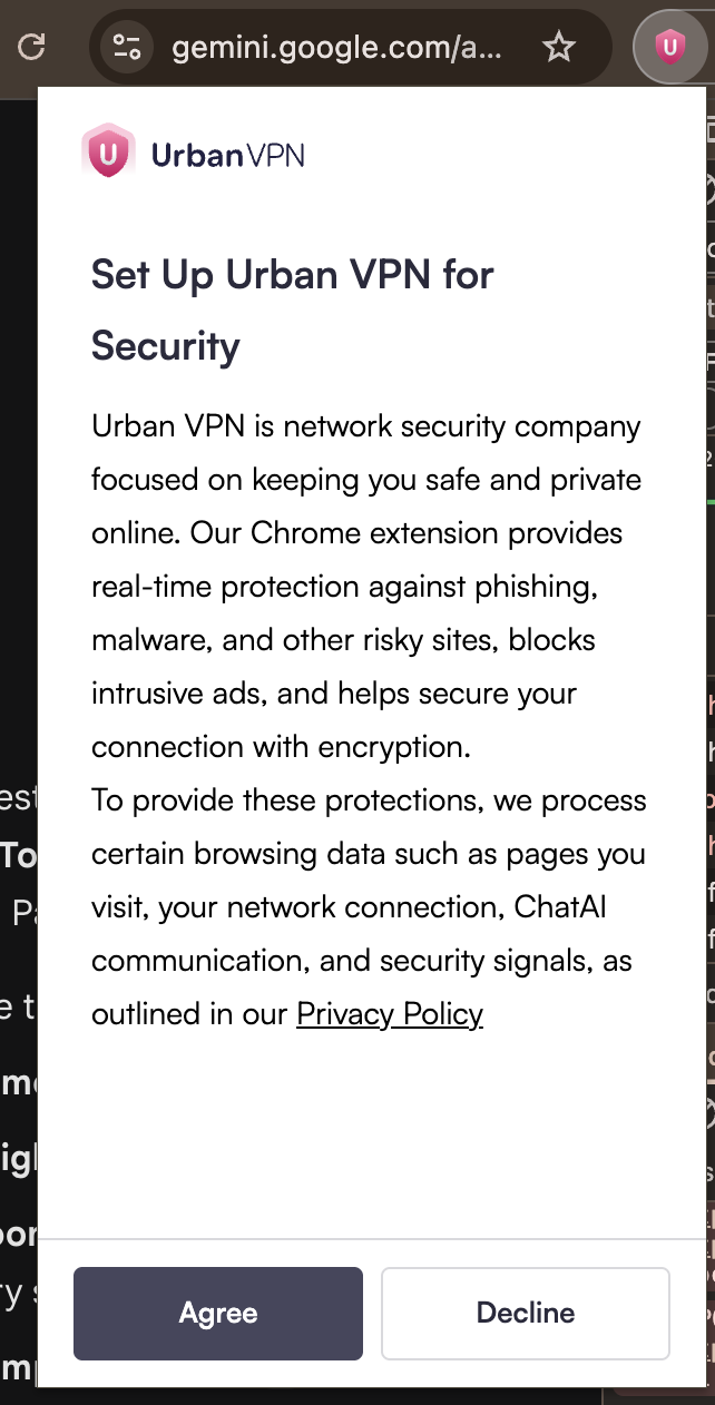 Диалоговое окно расширения браузера с предупреждением о сборе данных для маркетинга