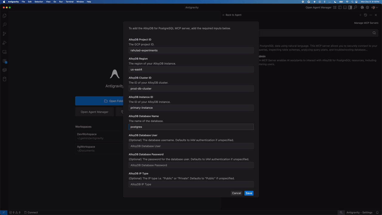 Установка сервера MCP для AlloyDB (PostgreSQL)
