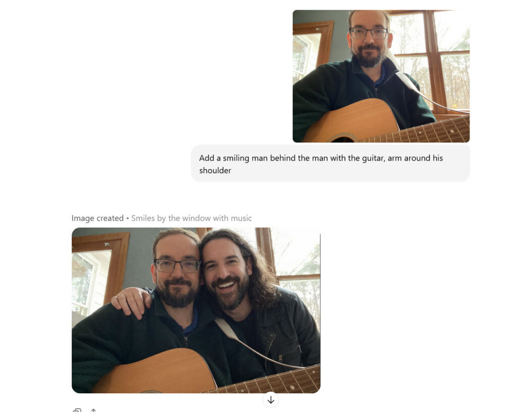 Фотография Бена Эдвардса с гитарой, отредактированная GPT Image 1.5: добавлен улыбающийся мужчина