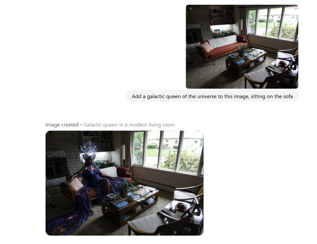 Космическая Владычица Вселенной, добавленная на фото комнаты с диваном с помощью GPT Image 1.5