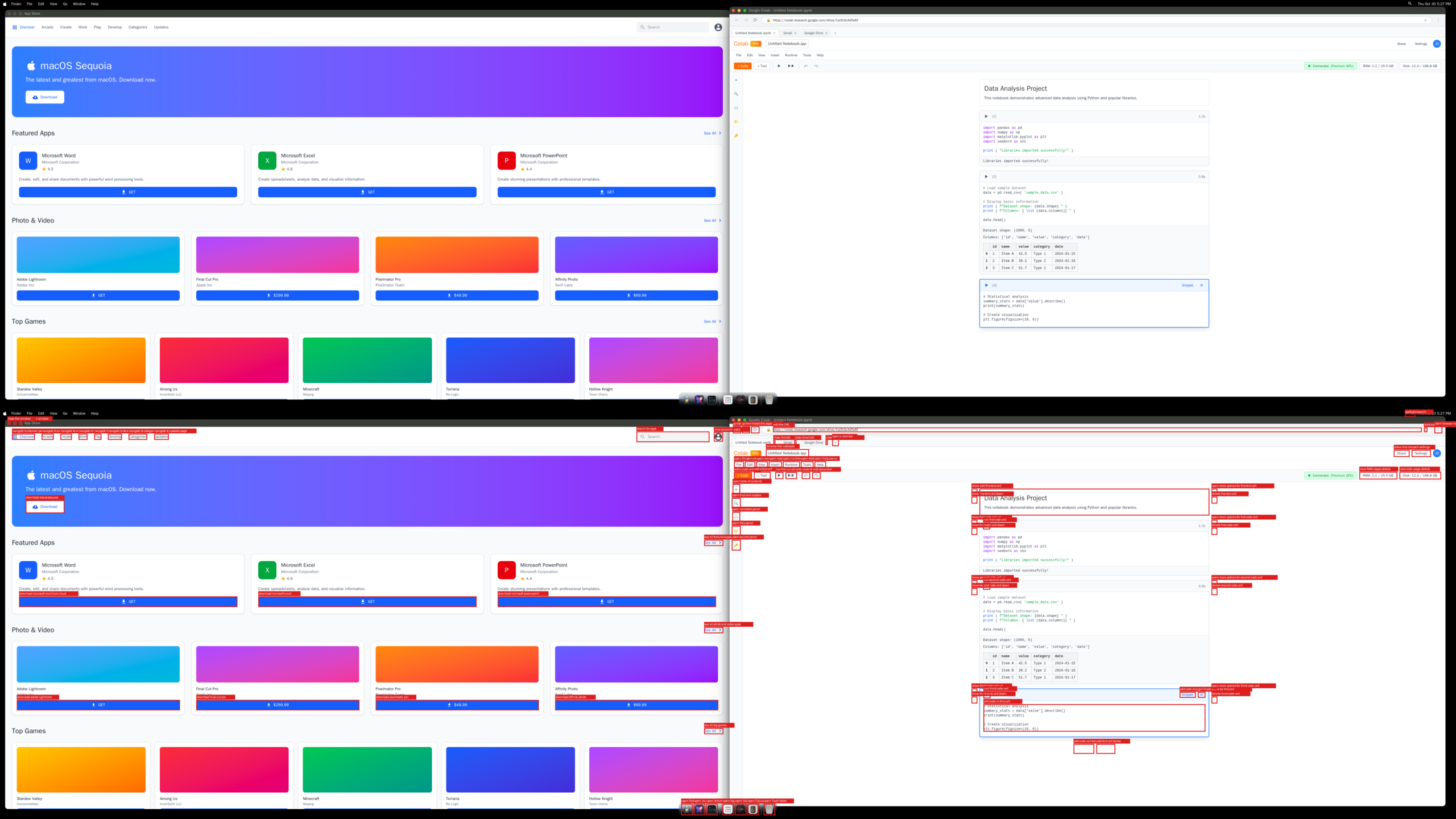 Данные графического интерфейса с ограничивающими рамками и метками доступности вокруг элементов UI