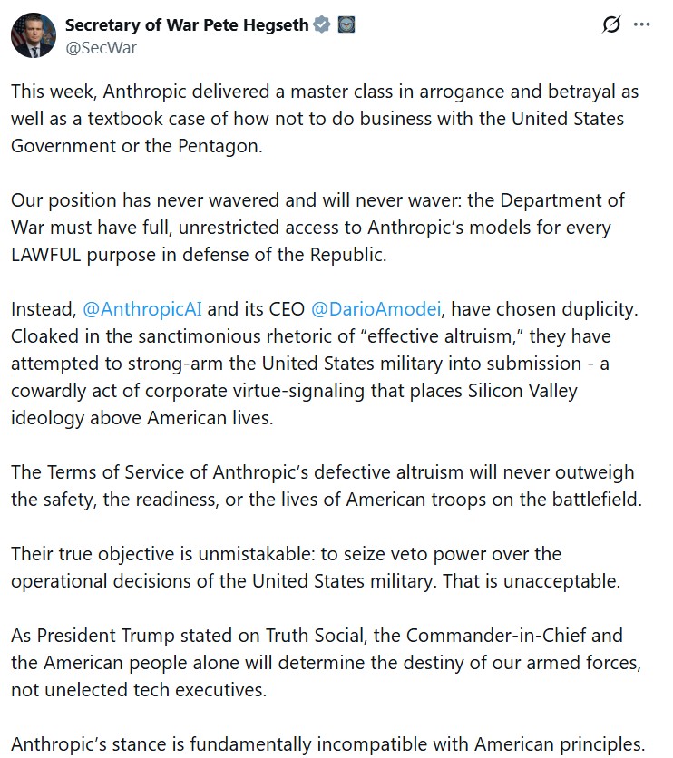 пит хегсет об anthropic